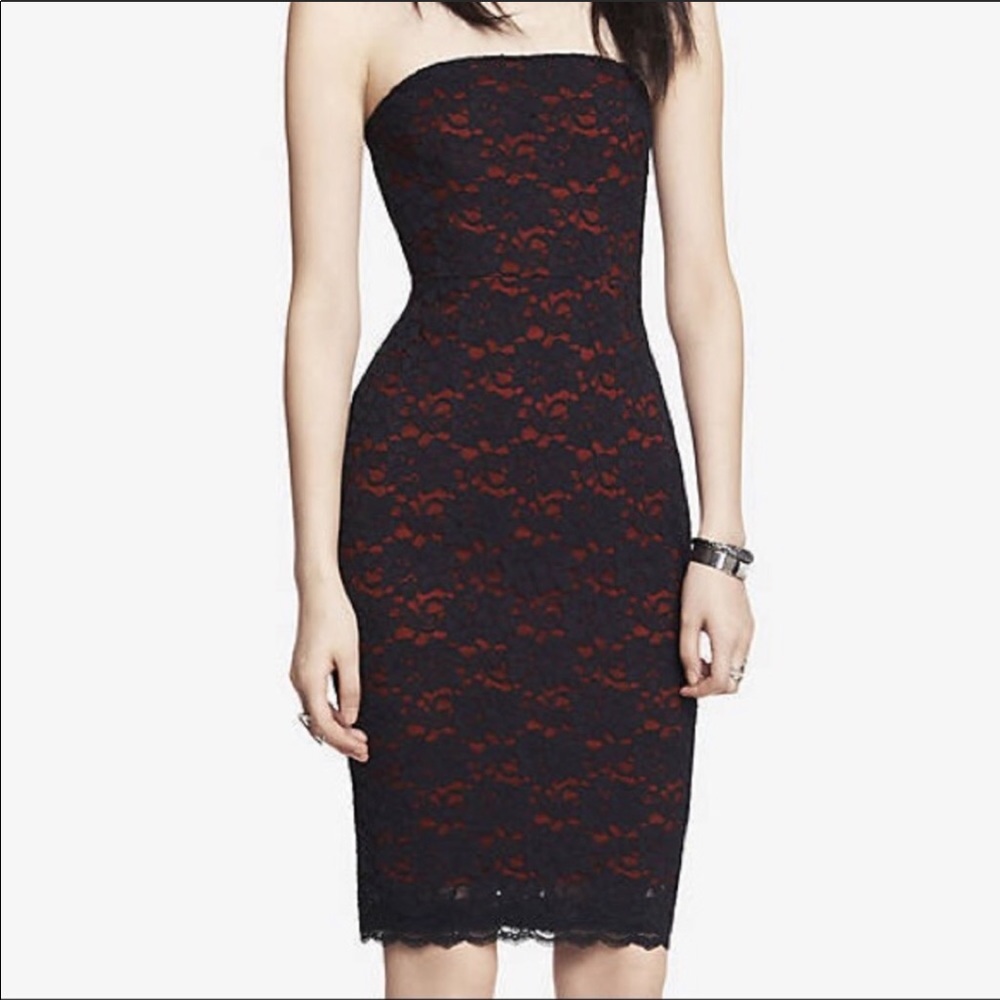 Express strapless black lace dress with red lining
